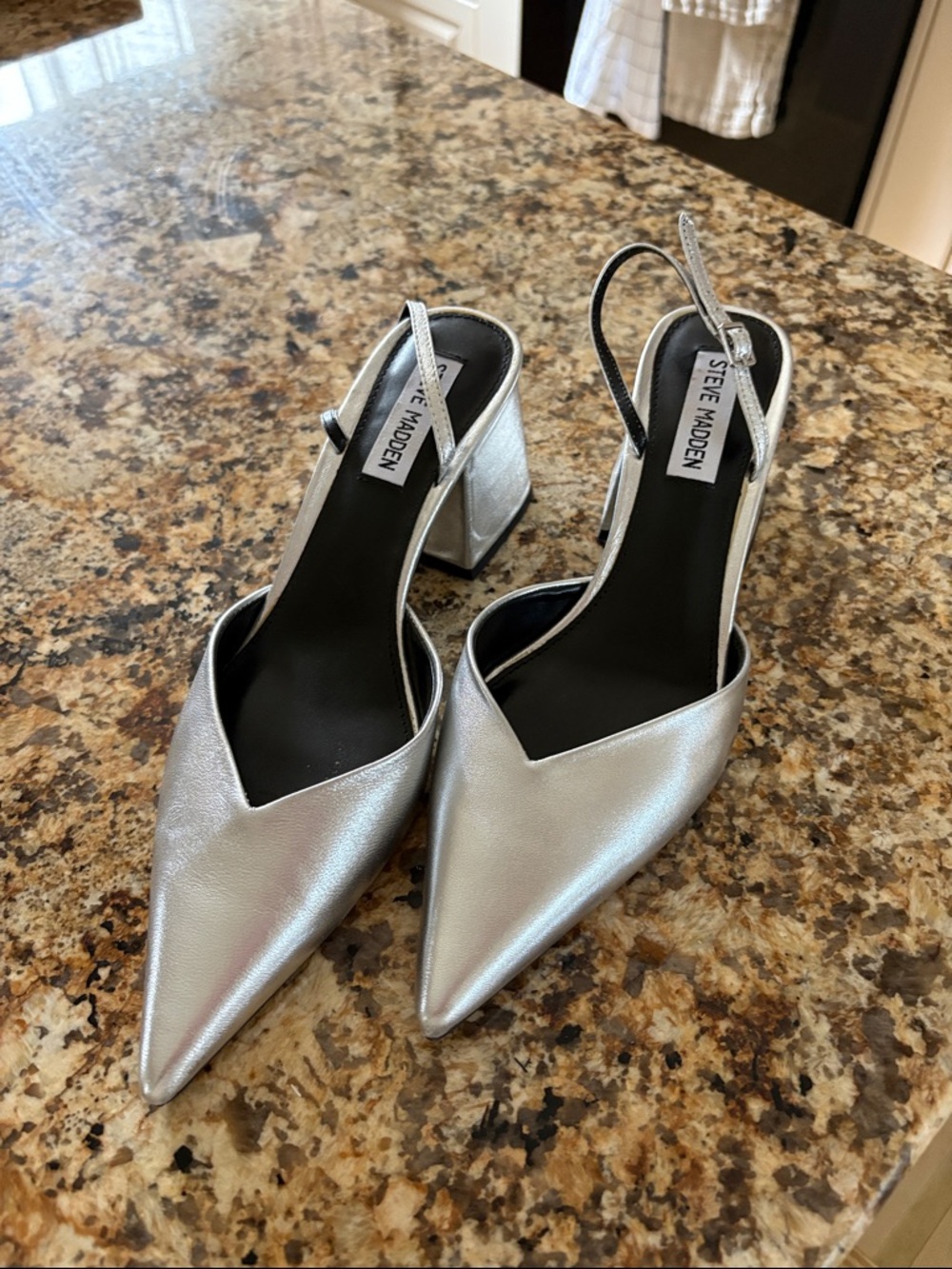 Steve Madden Silver Pointed Slingback Block Heel Pumps
